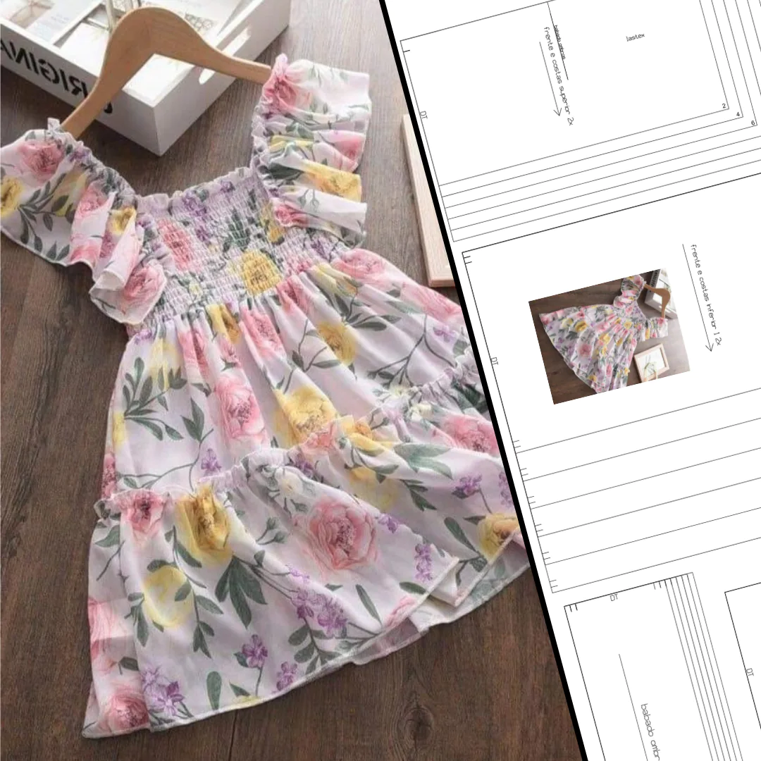 Molde Vestido Elegante Franzido com Babados (2 aos 12 anos) - Imagem 1