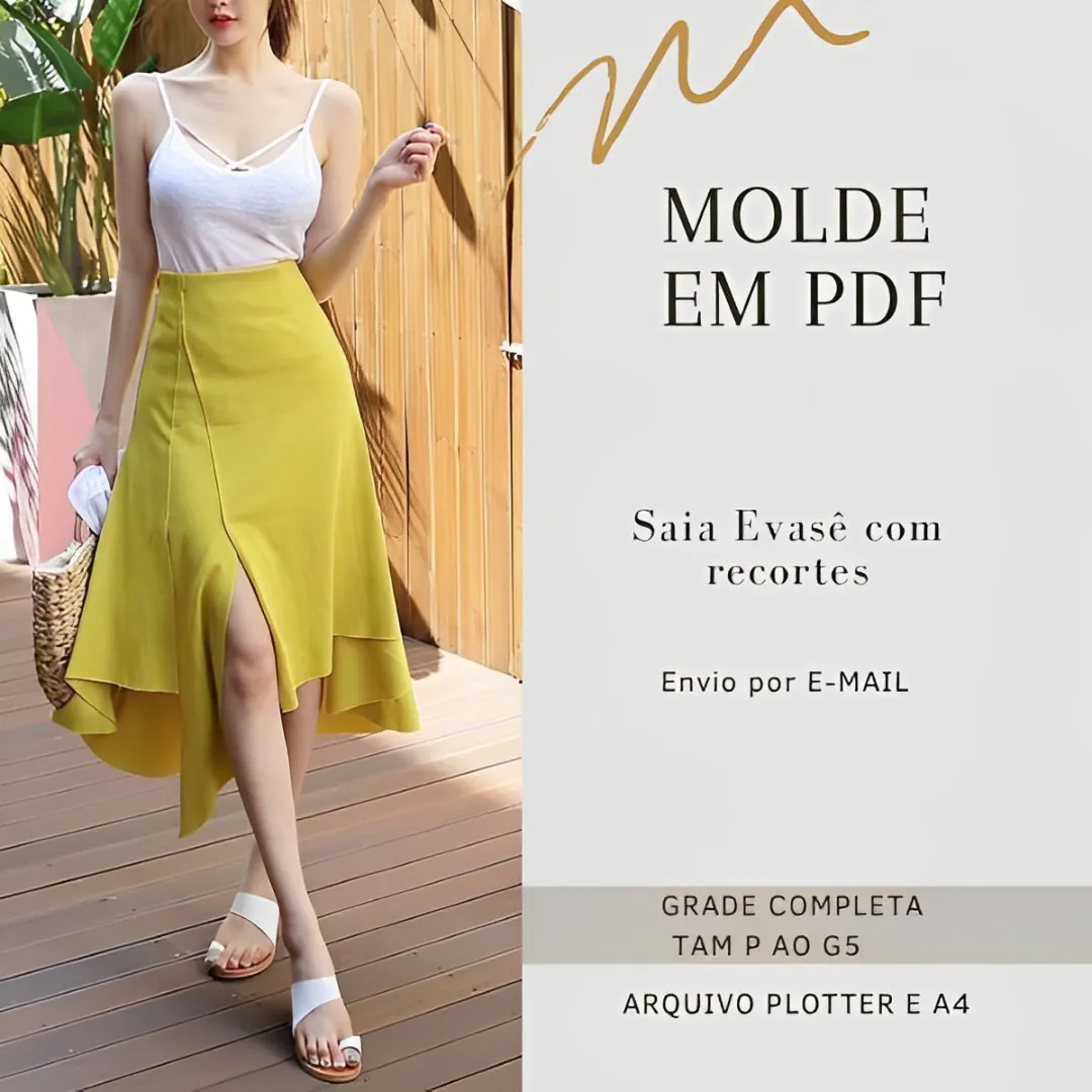 MOLDE EM PDF SAIA EVASE COM RECORTES Molde Saia Evase com Recortes (P ao G5) - Imagem 1