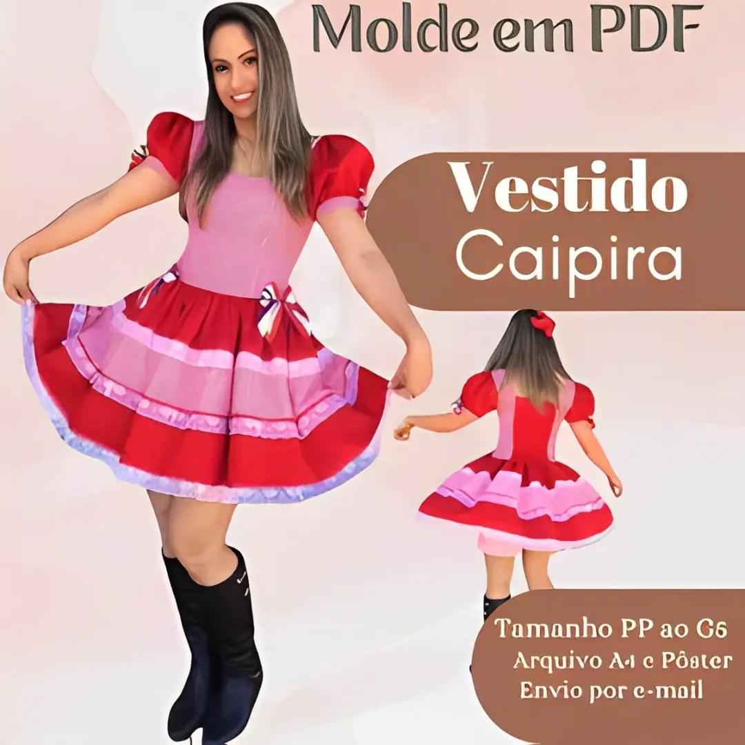 MOLDE EM PDF VESTIDO CAIPIRA Molde Vestido Caipira (PP ao G5) - Imagem 1