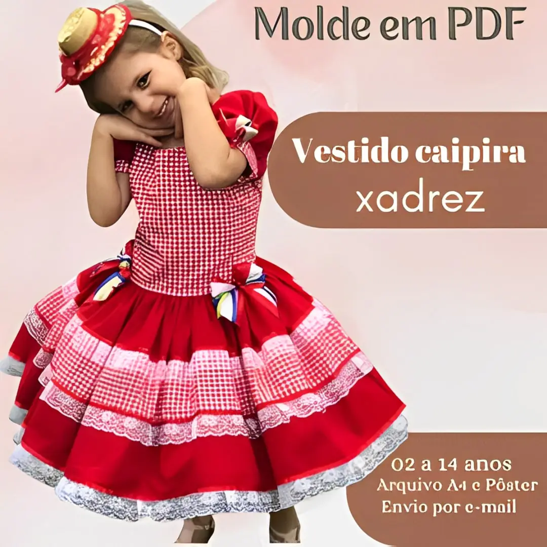 Molde Vestido Caipira Xadrez Infantil (02 aos 14 anos) - Imagem 1