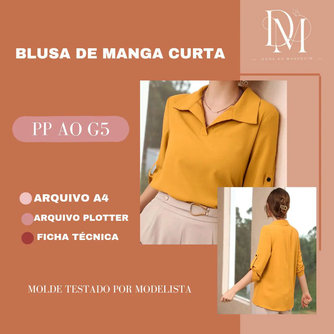 BLUSA DE MANGA CURTA Molde Blusa De Manga Curta (PP ao G5) - Imagem 1