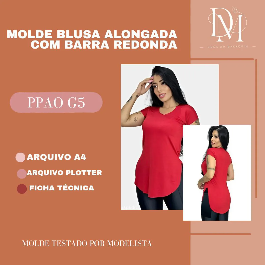 MOLDE BLUSA ALONGADA Molde Blusa Alongada (PP ao G5) - Imagem 1