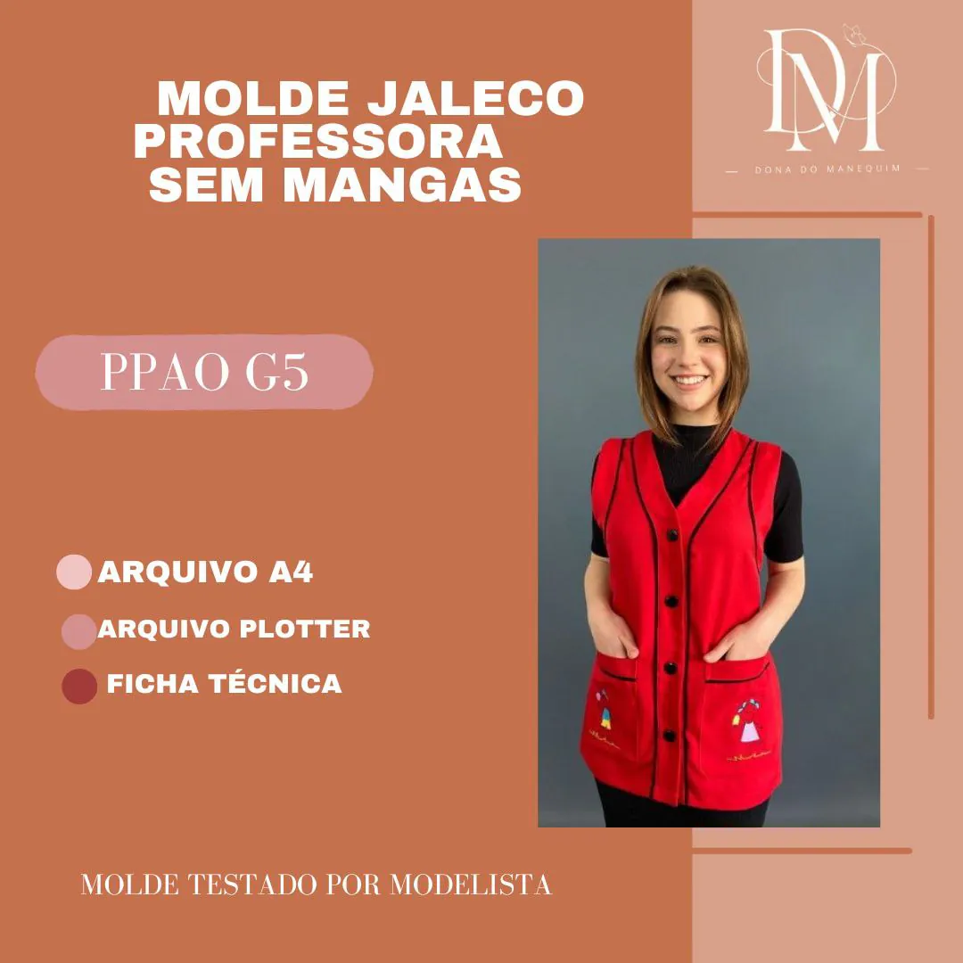 Molde Jaleco Professora Sem Manga (PP ao G5) - Imagem 1