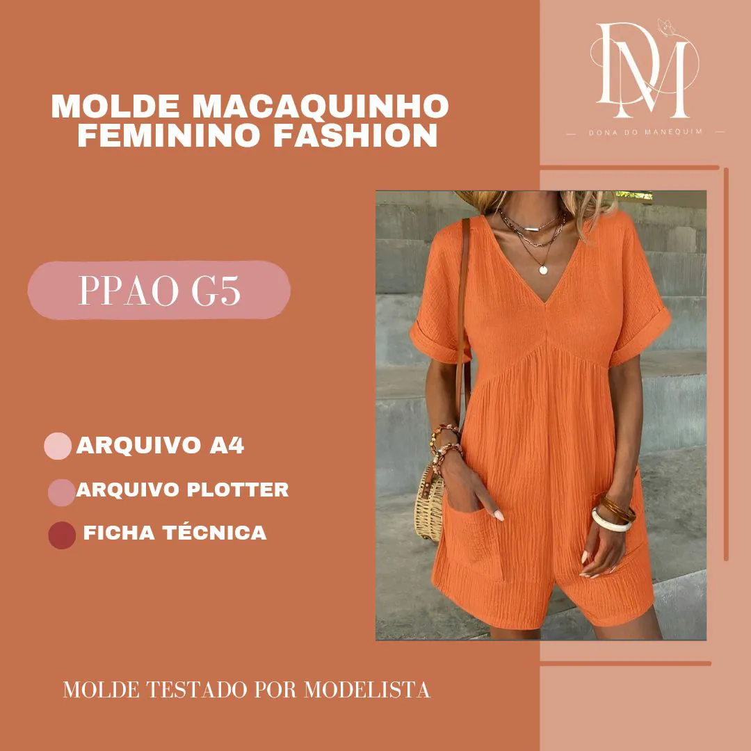 MOLDE MACAQUINHO FEMININO FASHION Molde Macaquinho Feminino Fashion (PP ao G5) - Imagem 1