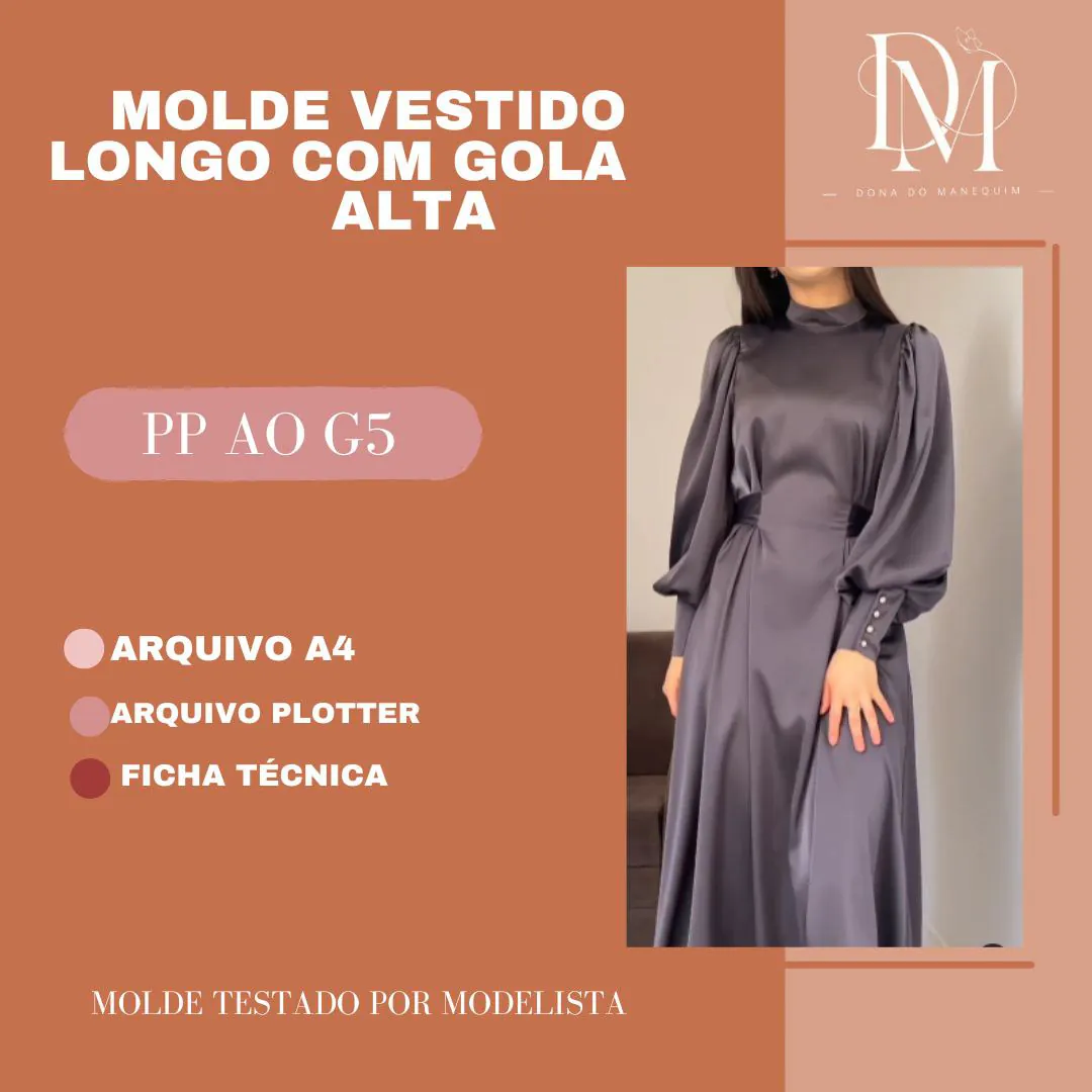 Molde Vestido Longo Com Gola Alta (PP ao G5) - Imagem 1