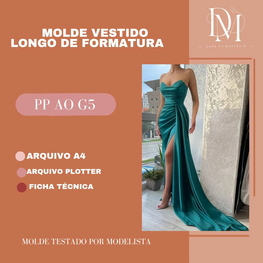 Molde Vestido Longo de Formatura (PP ao G5) - Imagem 1